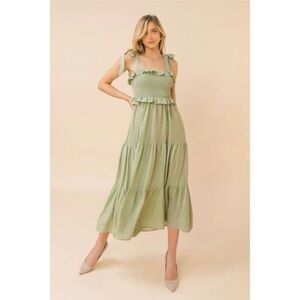 VICI Sage Green Smocked Tiered Midi Dress With Tie Shoulders Size Small